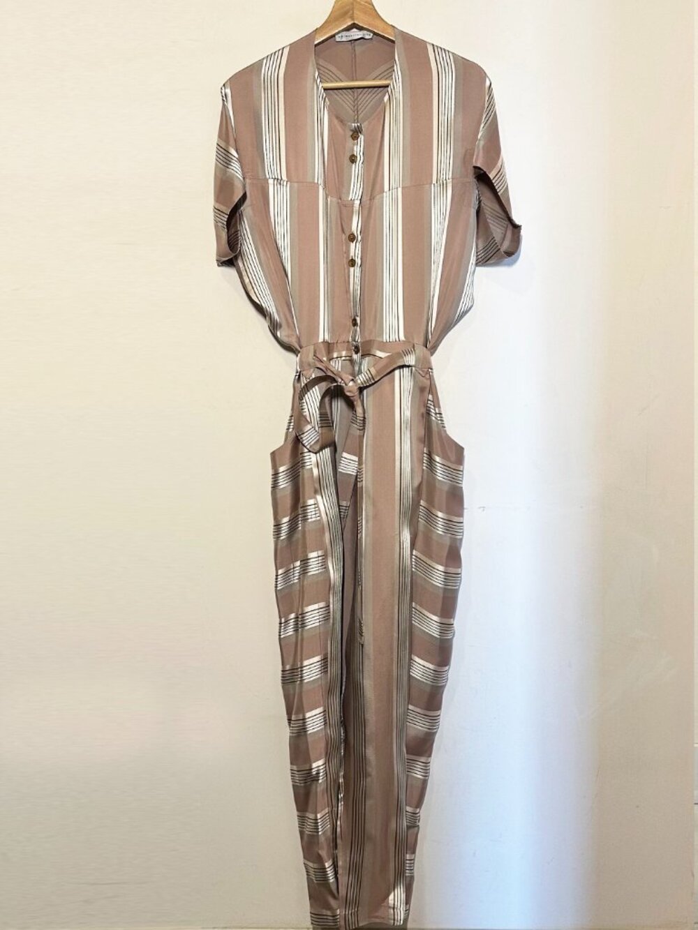 Metallic Pink and Silver Satin Jumpsuit with Tie Belt Paalmer & Harding